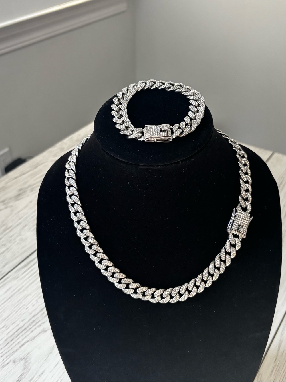 Source Unknown Silver Crystal Cuban Link Necklace and Bracelet Set